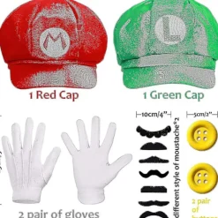 Super Mario Bros Mario Og Luigi Hatte, Kasketter, Overmuser, Handsker, Knapper Cosplay Kostume