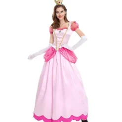Super Mario Peach Cosplay Kostume Pink Prinsesse Kjole + Handsker + Hovedbeklædning Outfit Sæt Karneval Fest L