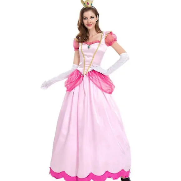Super Mario Peach Cosplay Kostume Pink Prinsesse Kjole + Handsker + Hovedbeklædning Outfit Sæt Karneval Fest L