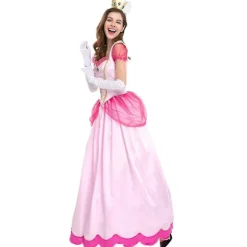 Super Mario Peach Cosplay Kostume Pink Prinsesse Kjole + Handsker + Hovedbeklædning Outfit Sæt Karneval Fest L