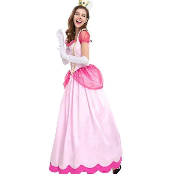 Super Mario Peach Cosplay Kostume Pink Prinsesse Kjole + Handsker + Hovedbeklædning Outfit Sæt Karneval Fest L
