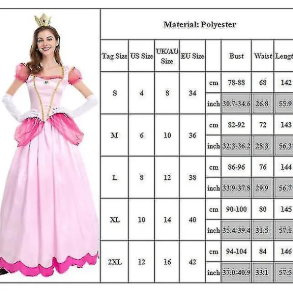 Super Mario Peach Cosplay Kostume Pink Prinsesse Kjole + Handsker + Hovedbeklædning Outfit Sæt Karneval Fest L