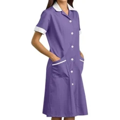 Sygeplejerskekjole til kvinder med knapper, revers, korte ærmer, skrubbeuniformer, rengøring, saloner, spa, lomme, arbejdsuniformer Purple L