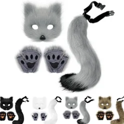 Therian Paws Furry Maske & Hale Sæt Flickig Kattemasker Halloweenfest Kostume Grey