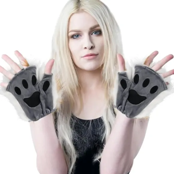Therian Paws, Kattepote 1 Par Halvfinger Therian Paws Søde broderede pels poter Dekorative realistiske potehandsker til børn voksne cosplay scene, sort Grå | Fyndiq