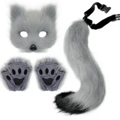 Therian Tassar Pelsmaske & Hale Sæt Pigeagtig Kattemaske Halloween Fest Kostume[JUN] Grey