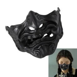 Traditionel japansk dæmonmaske med detaljerede hugtænder, syntetisk harpiksmateriale til rollespil og kostumefester, guld