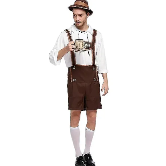 Tysk Oktoberfest Øl Mænd Bayerisk Lederhosen Skjorte Hat Sæt Fyren Festival Kostume L