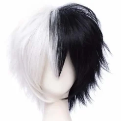 Unisex Anime Kort Sort & Hvid Cosplay Paryk med Pandelok Varmebestandig