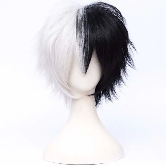 Unisex Anime Kort Sort & Hvid Cosplay Paryk med Pandelok Varmebestandig