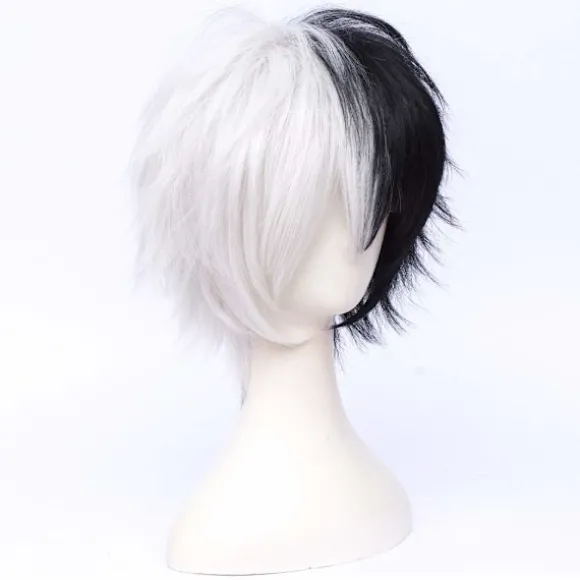 Unisex Anime Kort Sort & Hvid Cosplay Paryk med Pandelok Varmebestandig
