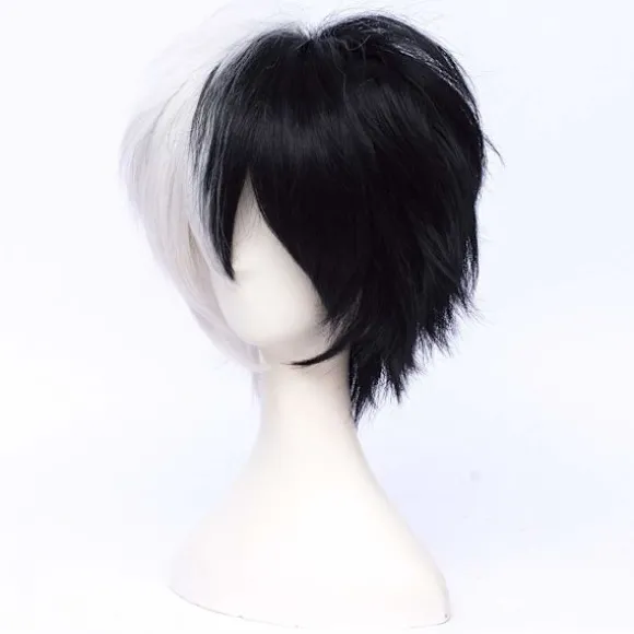 Unisex Anime Kort Sort & Hvid Cosplay Paryk med Pandelok Varmebestandig