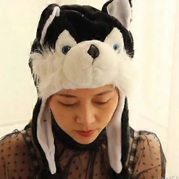 Unisex Vinter Plys Øreklap Dyrehatte Sort Husky Hovedomkreds 56-58cm/22-22.83inch