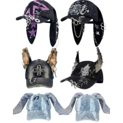 Unisex Wasteland Style Baseballkasket med Kaninører, Punk Denim Trucker Hat med Kæde, Streetwear Hip Hop Kostume til Halloween Party 1 D