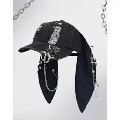 Unisex Wasteland Style Baseballkasket med Kaninører, Punk Denim Trucker Hat med Kæde, Streetwear Hip Hop Kostume til Halloween Party 1 D