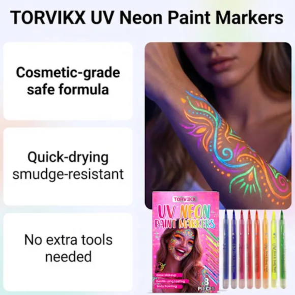UV Neon Ansigtsmaling Markører 8 Farver, Glød i Mørket Kropsmaling under Sort Lys, Vaskbare Midlertidige Tatoveringsmarkører til Glød Festartikler Valentinsdag | Fyndiq
