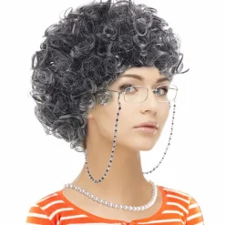 Vintage Bedstemor Kostumesæt med Klassisk Paryk, Briller og Perletilbehør, 5-Dels Komplet Sæt til Temafester og Rollespil Curly Black