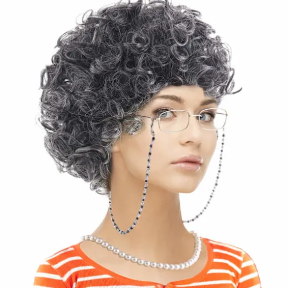 Vintage Bedstemor Kostumesæt med Klassisk Paryk, Briller og Perletilbehør, 5-Dels Komplet Sæt til Temafester og Rollespil Curly Black