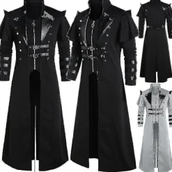 Vintage Halloween Middelalder Steampunk Assassin Elf Pirat Kostume Voksen Mænds Sort Lang Slidset Jakke Gothic Armor Læderfrakke - Perfekt Black XXXXXL | Fyndiq