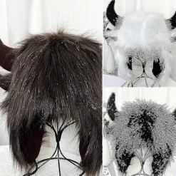 Vinter Sjov Hat Falsk Ko Horn Dekor Lyn Varm Tyk Faux Pels Ørebeskyttelse Personlighed Unisex Vindtæt Fluffy Foto Prop Kvinder Mænd[YJD] Black