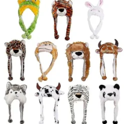Vinterhue med plysdyr til voksne og børn, sød og sjov med pompon, lange bånd, øreklapper, cosplay (hvid tiger)