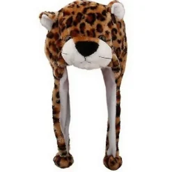 Vintersød plysdyrkarakterhue med pompon-ender lange stropper sjovt plyslegetøj øreklap hue cosplay Leopard Leopard