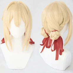 Violet Evergarden Cosplay Paryk Varmebestandig Syntetisk Lyseblond Hår Cosplay Parykker Med Pandebånd + Paryknet, CJY Khaki
