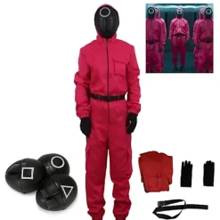 Voksen- og børne unisex squid game 2 kostume rollespil bodysuit + squid game maske Halloween kostume gave fest rød + trekant maske red + triangle mask 140cm | Fyndiq