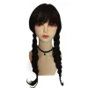 Wednesday Addams Family Paryk Cosplay Lange Sorte Fletninger Hårtilbehør, CJY