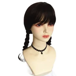 Wednesday Addams Family Paryk Cosplay Lange Sorte Fletninger Hårtilbehør, CJY