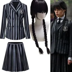 Wednesday Addams Kostume Nevermore Academy Børn Voksen Uniform Kjole Kostume Cosplay Kun Paryk-FA- Only Wig One Size