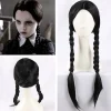 Wednesday Addams Paryk med Paryknet - Sort Paryk til Wednesday Kostume - Lang Sort Flettet Paryk - Flettede Parykker til Addams Fest