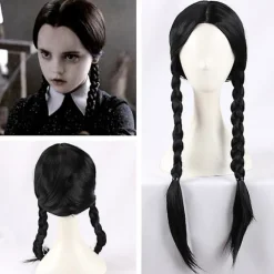 Wednesday Addams Paryk med Paryknet - Sort Paryk til Wednesday Kostume - Lang Sort Flettet Paryk - Flettede Parykker til Addams Fest