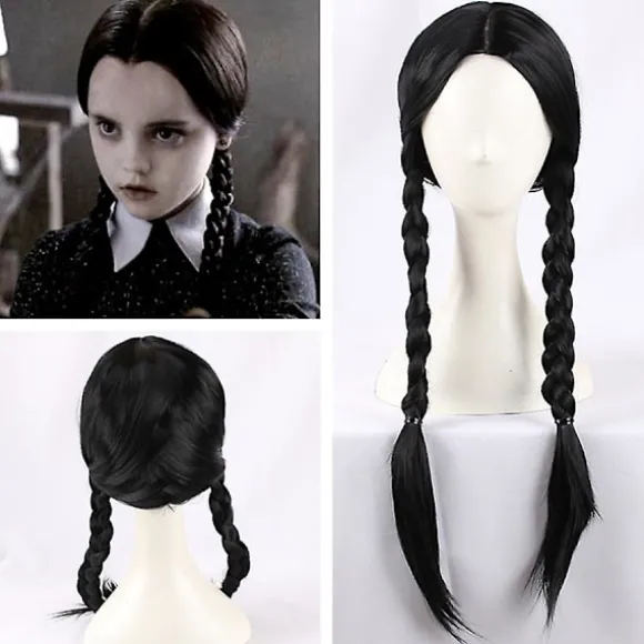 Wednesday Addams Paryk med Paryknet - Sort Paryk til Wednesday Kostume - Lang Sort Flettet Paryk - Flettede Parykker til Addams Fest