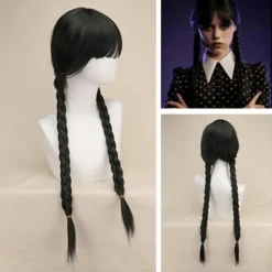 Wednesday Addams Paryk med Paryknet - Sort Paryk til Wednesday Kostume - Lang Sort Flettet Paryk - Flettede Parykker til Addams Fest