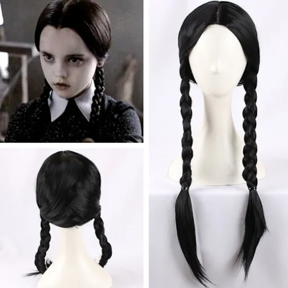 Wednesday Addams Paryk med Wignet Sorte Parykker til Wednesday Cos
