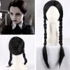Wednesday Addams Paryk med Parykhætte Sorte Parykker til Wednesday Kostume Lang Sort Flettet Paryk Fletninger Parykker til Addams Fest