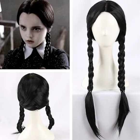 Wednesday Addams Paryk med Parykhætte Sorte Parykker til Wednesday Kostume Lang Sort Flettet Paryk Fletninger Parykker til Addams Fest