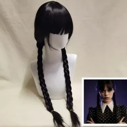 Wednesday Addams Paryk med Parykhætte Sorte Parykker til Wednesday Kostume Lang Sort Flettet Paryk Fletninger Parykker til Addams Fest