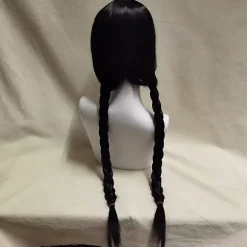 Wednesday Addams Paryk med Parykhætte Sorte Parykker til Wednesday Kostume Lang Sort Flettet Paryk Fletninger Parykker til Addams Fest