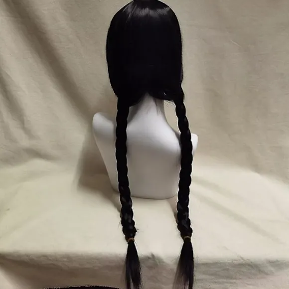 Wednesday Addams Paryk med Parykhætte Sorte Parykker til Wednesday Kostume Lang Sort Flettet Paryk Fletninger Parykker til Addams Fest