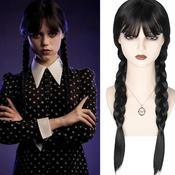 Wednesday Addams paryk til børn og kvinder, Addams sort lang flettet{ee}