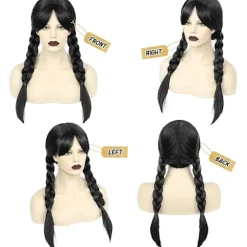 Wednesday Addams paryk til børn kvinder, Addams sort lang flettet-FA-