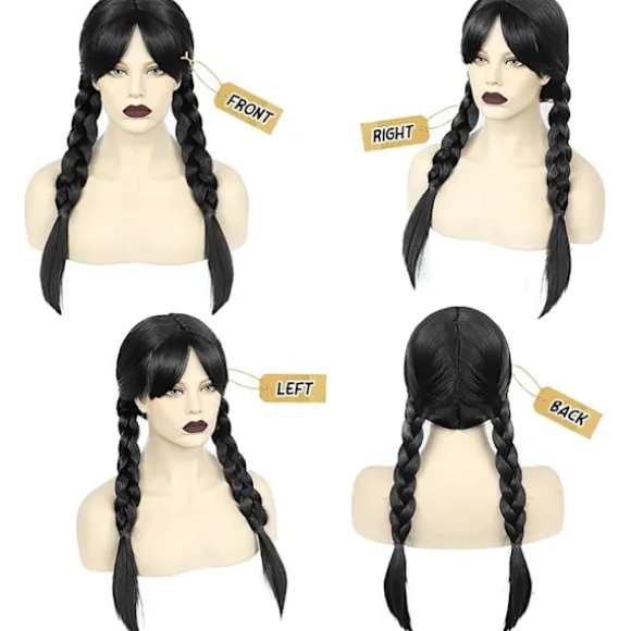 Wednesday Addams paryk til børn kvinder, Addams sort lang flettet-FA-