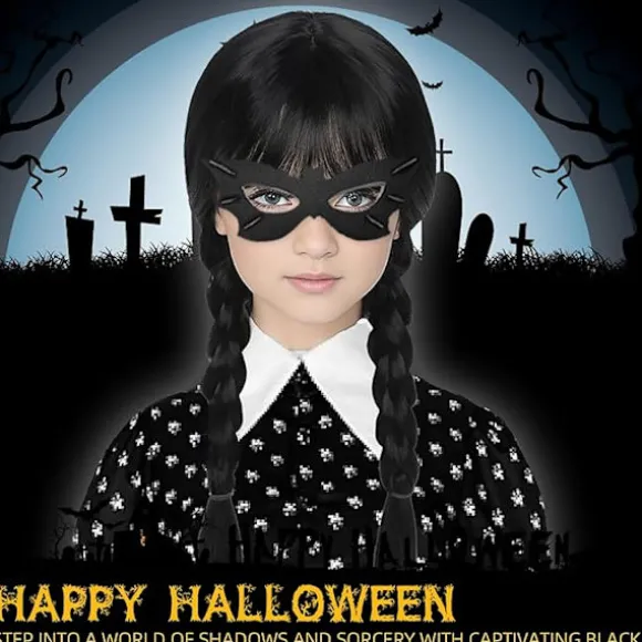 Wednesday Addams paryk til børn kvinder, Addams sort lang flettet-FA-