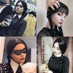Wednesday Addams Paryk til Børn Kvinder, Addams Sort Lang Fletning