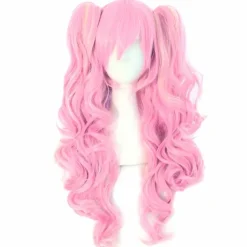 Wekity Multicolor Lolita Langt Krøllet Hestehale Cosplay Paryk, Pink + Guld
