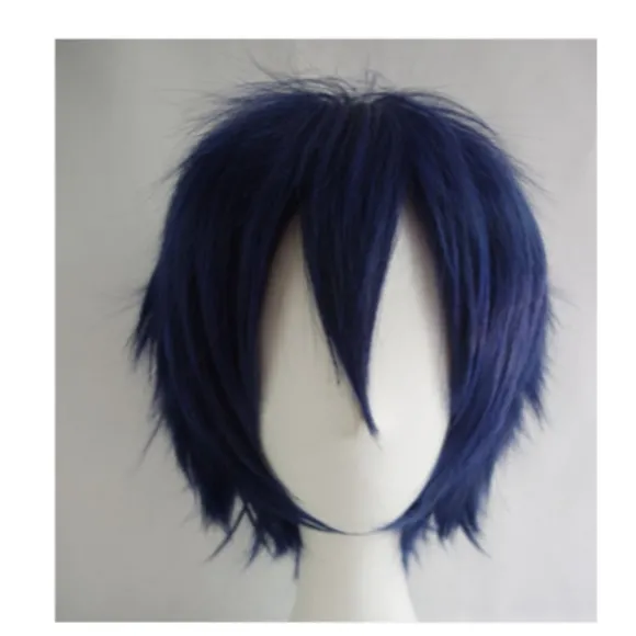 Wekity Unisex Anime Kort Cosplay Paryk med Pandehår Varmebestandigt Hår, Blå Sort