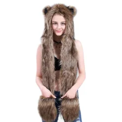 Wolf Faux Fur Party Animal Hat Scarf Handsker Mittens Til Kvinder Mænd 3-i-1 Flush Furry Hoodie Kostume Hatte Blød Varmt Cap Øre Flap Beanie(a)