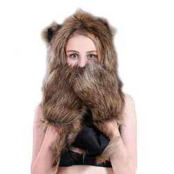 Wolf Faux Fur Party Animal Hat Scarf Handsker Mittens Til Kvinder Mænd 3-i-1 Flush Furry Hoodie Kostume Hatte Blød Varmt Cap Øre Flap Beanie(a)